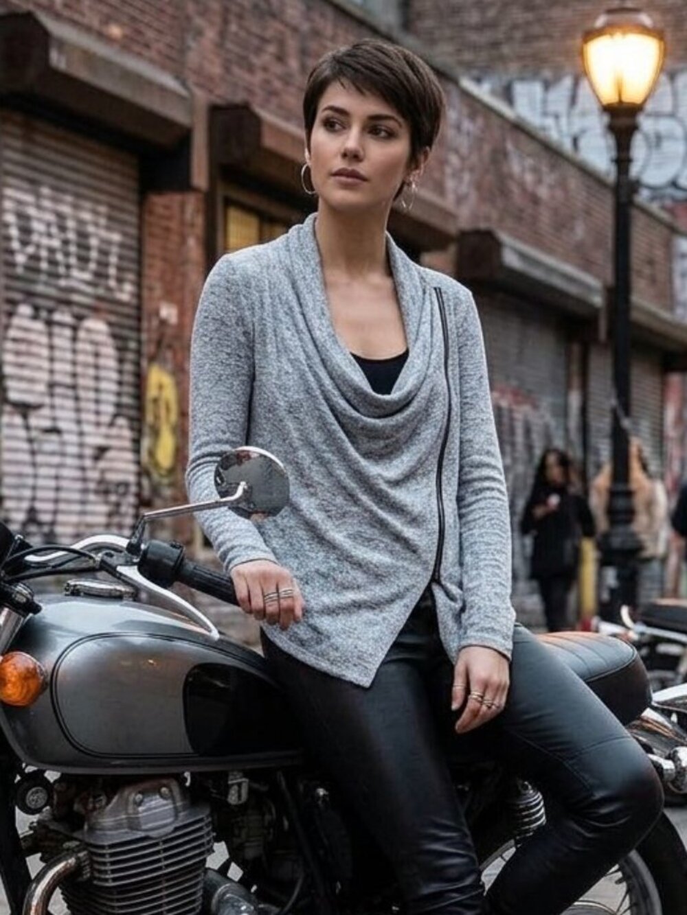 Logan Heathered Gray Moto Cowl Neck High Low Zipper Sweater 3350